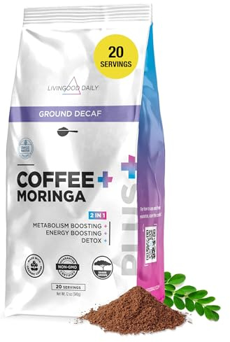 Livingood Daily Coffee with Moringa, Ground Decaf Coffee with Plant Based Ingredients for Daily Wellness, Made with Moringa Powder, Organic, Non GMO, Vegan, Gluten Free, 20 Servings, 12 oz Bag