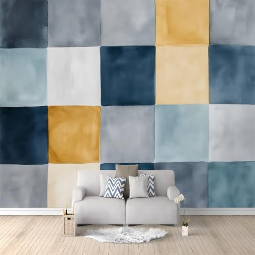 Papel pintado mural Geometría abstracta simple papel pintado no tejido Azul amarillo Adecuado para habitación infantil, salón y dormitorio 250 x 175 cm papel pintado mural