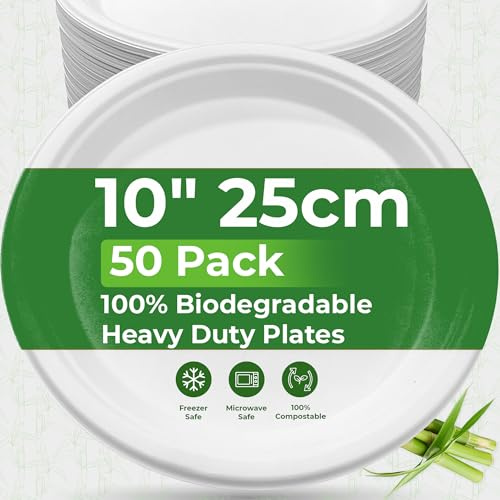 PRIME FEEL 10 Inch Disposable Paper Plates (50 Pack) 100% Compostable Sugarcane Plates, Heavy-Duty & Eco-Friendly for Parties, Events, BBQs, Camping & Picnics