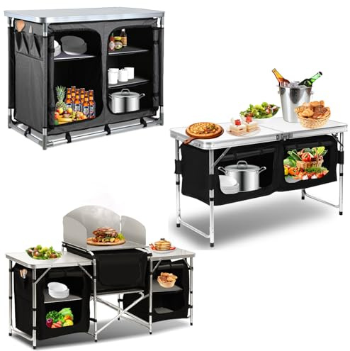 Hebitod Campingküche, Aluschrank Faltschrank,Party Buffet Garten Camping Mobile Küche,Vielen Ablageflächen, Camping Möbel | Outdoor Camping Küche|2 Fächer mit je 6 Fachböden | 4 verstellbare Füße