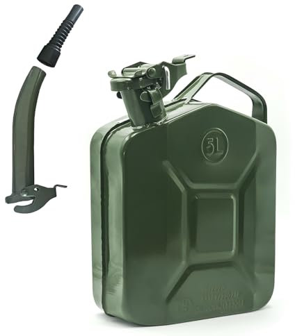 MAKA Tanica Benzina in Metallo con Beccuccio, Verde Militare e Presa Ergonomica, Bidone Carburante con Chiusura di Sicurezza, Antiruggine Certificata UN Trasporto Merci Pericolose (5 Litri)