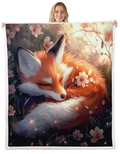 Loussiesd Manta de forro polar con diseño de zorro de dibujos animados para adultos, niños y niñas, cobija de felpa con estampado de flores de melocotón para sofá cama, individual, 50 x 60 pulgadas