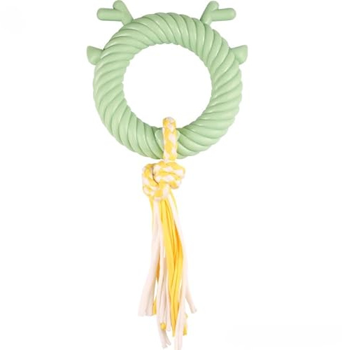 DAFORERAL Dog Chew Toy Set, Antler Ring and Tassel Rope Toys for Puppies, Durable Knotted Cotton Rope Teething and Interactive Tug Toys (green)