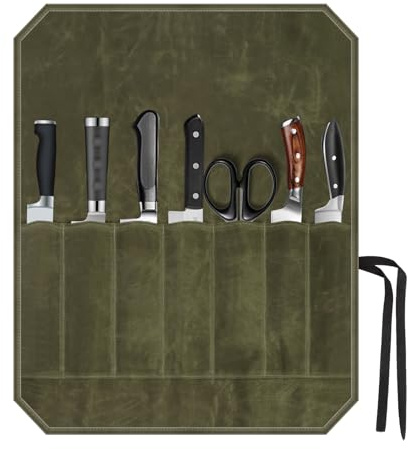 Megcdtr Knife Roll Bag, 7 Slots Waxed Canvas Portable Tool Storage Bag for Chefs, Home Kitchens, Camping, Hiking, and Gifts (Army Green)