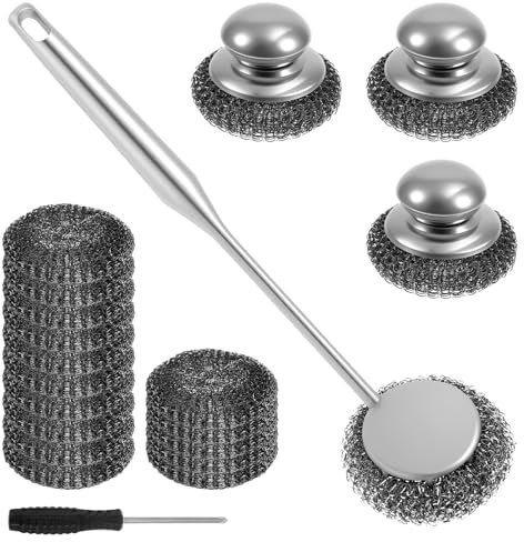 El juego de exfoliación de lana de acero incluye 1 largo, 3 cepillos cortos, 15 almohadillas intercambiables, 1 destornillador para cocineros domésticos, entusiastas de la barbacoa (negro)