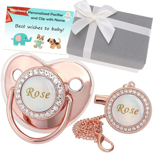 Personalisierter Schnuller mit Namen, Glitzernder Schnuller und Clip-Set mit Geschenk-Box, Grußkarte, Luxuriöser Geschenk Für Mädchen, Babyparty, Neugeborenen-Fotografie (Roségold)