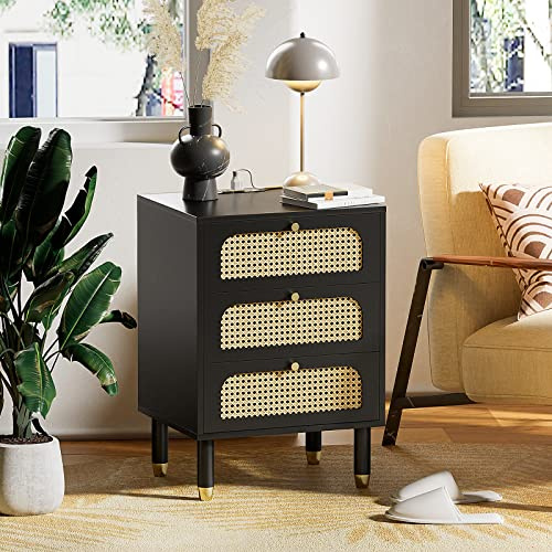Bonnlo Table de Chevet en rotin, Table de Nuit avec 3 Tiroirs, Polyvalent, Commode Chambre avec Prises et Ports USB, pour Salon Chambre Bureau, 40 x 48 x 68 cm, Chêne