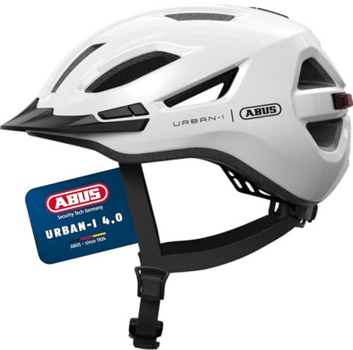 ABUS Casco da città Urban-I 4.0 - Casco da bicicletta con luce posteriore ricaricabile, 2 modalità di illuminazione, visiera e chiusura magnetica - per adolescenti, donne e uomini - taglia L, bianco