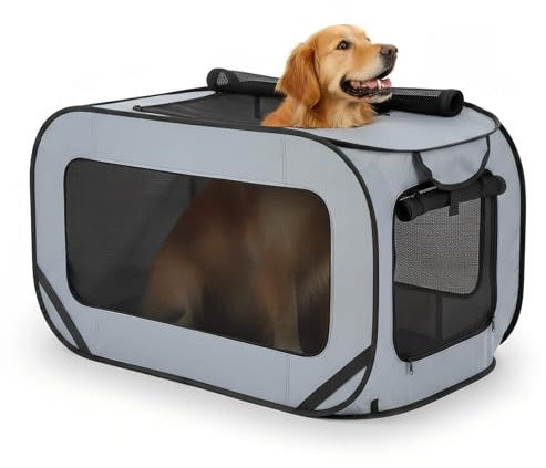 94*53*53 cm Hundetransportbox Faltbar, Doppeltüren Pop-Up-Transportbox Hund Katze, Oxford Stoff Hundebox Auto Hundetasche Robust, Tragbarer Hunde Transportboxen für Katzen & Hunde bis 29.5 kg, Grau