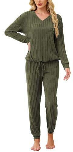 Famulily Loungewear Sets for Women UK Solid Color Shirts with Drawstring Hem & Elastic Cuffs Jogger Pants Army Green M