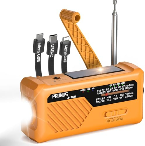 PRUNUS J-366 Radio a Pile Survie (AAA), Radio Portable d’Urgence à Manivelle avec Batterie Rechargeable 2000mAh, Alarme SOS/Lampe de Poche/USB-C, TransistorRadio Solaire, Camping, Coupure de Courant