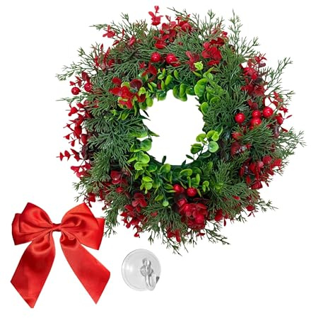 40cm Christmas Wreath for Front Door – Artificial Greenery with Red Berries, Includes Red Bow & Suction Hook – Indoor/Outdoor Christmas Door Wreath