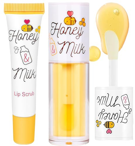 Honey & Milk Lip Care Set, Moisturizing Lip Oil and Exfoliating Lip Scrub, Nourishing Hydrating Lip Treatment for Dry Cracked Lips, Lip Gloss Honey Balm Lips Glow Lip Mask, Long Lasting Protection