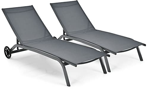 COSTWAY 2er Set Sonnenliege mit Rollen, Gartenliege bis 150kg belastbar | Liegestuhl mit verstellbarer Rückenlehne & schnell trocknendem Stoff, Relaxliege für Garten, Balkon, Terrasse, Grau