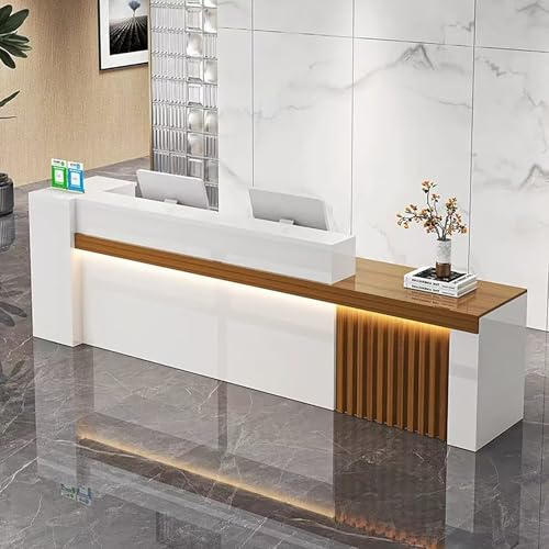 MEEYI moderner Empfangstresen Büro Empfangstheke 240x60x100cm Rezeptionstheken mit großer Arbeitsfläche Weiß-Akazienholz-Rechts