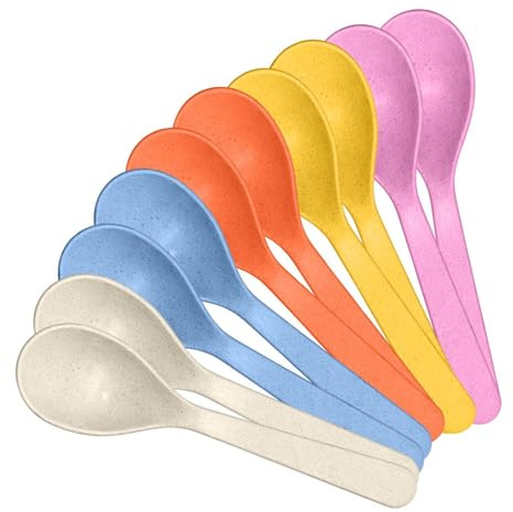 10 PCS Plastic Spoons Reusable, Plastic Teaspoons Reusable, Colorful Short Handled Plastic Dessert Spoons, 14 cm PP and Wheat Fiber Utensils for Family Meals and Outdoor Use, 5 Assorted Colors