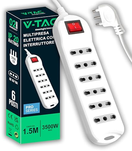 V-TAC Multipresa Elettrica SALVASPAZIO da 6 Posti con Interruttore e Cavo da 1,5 Metri - SUPER SOLIDA - 6 Prese 10/16A Bipasso 2P+T - Spina 16A - Presa Elettrica per Casa, Ufficio, Negozio - Ciabatta