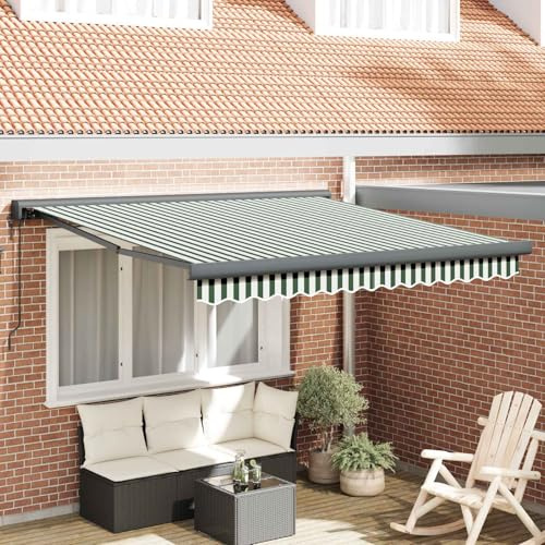Tendone telescopico pieghevole da giardino, verde, bianco, 350 x 250 x 165 cm, in poliestere e alluminio, con funzione a scomparsa e regolazione dell'ombra per terrazza.