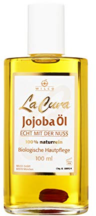 Wilco LA CURA Jojoba Öl - Feuchtigkeitsspendend für Körper und Gesicht - kalt gepresst - in umweltfreundlicher Glasflasche - Echt mit der Nuss - 100 ml