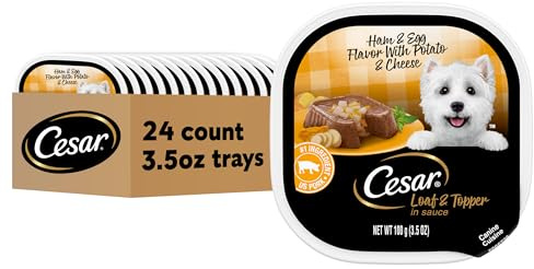 Cesar Loaf & Topper in Sauce Wet Dog Food Ham & Egg Flavor with Potato & Cheese, 3.5 oz. Easy Peel Trays, 24 Count (Pack of 1)