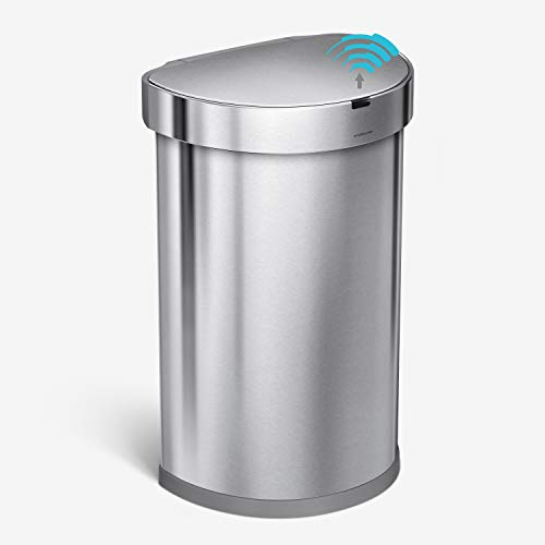 simplehuman ST2009 45L Semi-Round Sensor Bin, Automatic Motion Control, Fingerprint-Proof, Brushed Stainless Steel, W 39.1cm x H 64.1cm x D 32.6cm