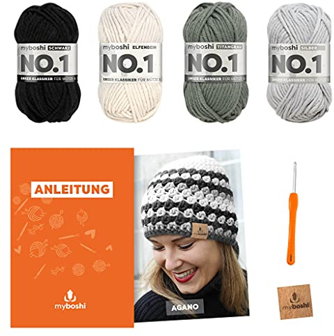 myboshi Häkelset Mütze Agano, inkl. No.1 Wolle, Nadel und Anleitung, für Mützen und Schals, Häkelpaket, 30% Merinowolle Schwarz, Weiß, mit Häkelnadel