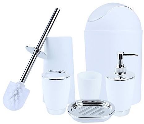Set di 6 Accessori da Bagno in Plastica, Portasapone, Portaspazzolino, Scopino per WC, Cestino, Bianco