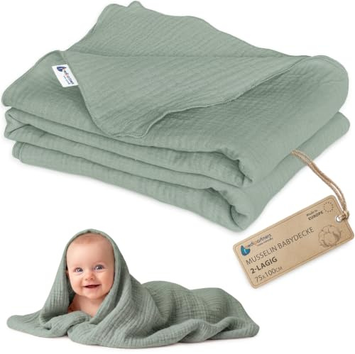 Medi Partners Musselin Babydecke 75x100cm Baby Decke Musselindecke Neugeborenen - dünne dünne Kuscheldecke Sommer Babydecken für Kleinkinder Krabbeldecke Kinderbett Kinderwagen (Olive)