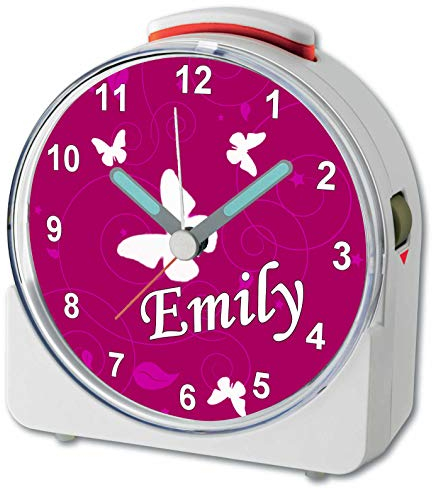 CreaDesign, WU-71-1032-09, Schmetterling Brombeere, analog Kinderwecker weiß, Funkwecker mit Sweep-Uhrwerk und fluoreszierenden Zeiger und Licht, personlisiert mit Namen, 10,2 x 4,6 x 11 cm