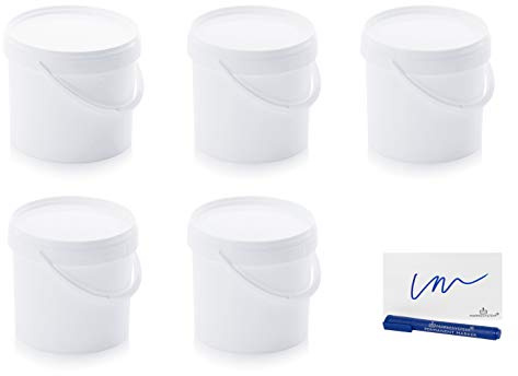 Markesystem - Secchio ermetico per catering. Confezione da 5 x 8,6 litri - Secchi di plastica con coperchio. Contenitori impilabili. Alimenti, liquidi e vernici. Polipropilene bianco + kit etichettato