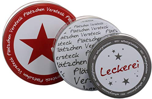 Brandsseller Lot de 3 boîtes à biscuits en métal – boîtes rondes empilables avec couvercle – boîtes de conservation alimentaires pour gâteaux, biscuits et sablés de Noël - Motif Cachette à biscuits