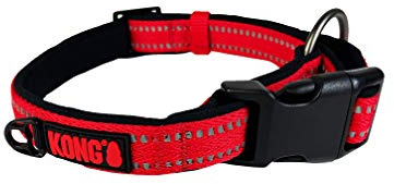 KONG Nylon Hundehalsband für große Hunde I Größe L I größenverstellbares Halsband Hund in rot I gepolstertes Halsband für Hunde mit Verschluss-Schnalle I reflektierendes Hundehalsband Nylon