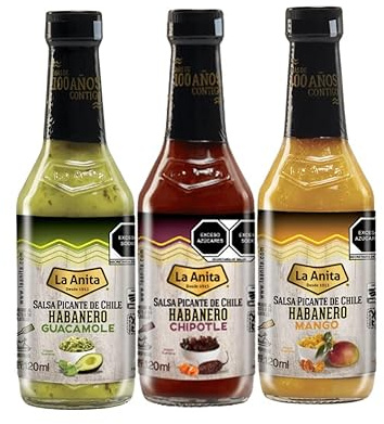 Salsas picantes mexicanas La Anita Habanero Chipotle, habanero Guacamole y habanero Mango Mix 120ml cada una