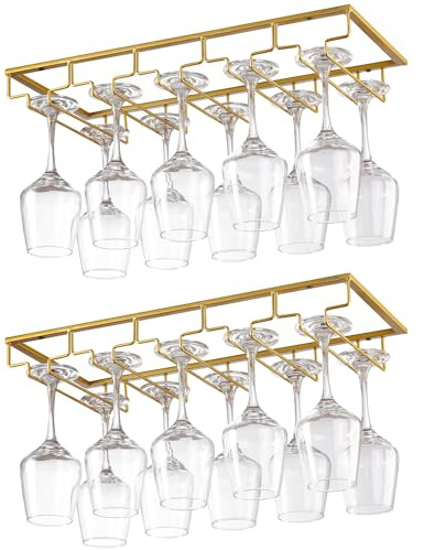 YunNasi 2 Stück 5 Reihige Weinglashalter Gläserhalter aus Metall Gläserschiene Halter Unter Schrank mit Schrauben Weinglas Rack zum Aufhängen für Hausbar Küche Bar Pub Restaurant, Golden