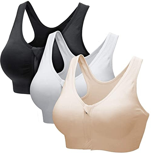 ZOEREA Sport-BH för kvinnor bekväm yoga-bh med avtagbara dynor dragkedja framtill fitness löpning dans gym push-up BH för kvinnor, Svart + vit + beige, L