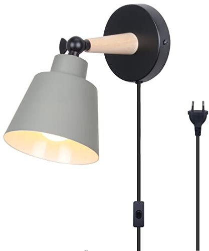 TOKIUS Wandleuchte Innen Moderne Nachttischlampe aus Metall und Holz Deko E27 Fassung Verstellbarer Wandbeleuchtung Innen Wandlampe für Schlafzimmer Wohnzimmer Flur (Grau, Mit Stecker Schalter)