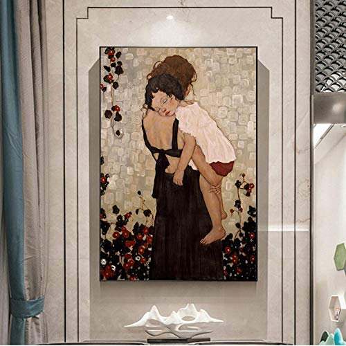 XIANGPEIFBH Mutter halten Kind von Gustav Klimt Leinwand Kunstwerk Poster abstrakte Gemälde Drucke Wandkunst für Wohnzimmer Dekor 60 x 80 cm (24 x 31 Zoll) Innenrahmen