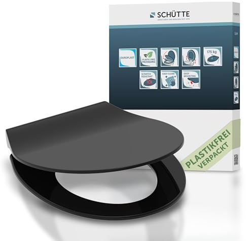 SCHÜTTE SLIM WC-Sitz | Duroplast Toilettensitz mit Absenkautomatik | Toilettendeckel mit Schnellverschluss für einfache Reinigung | Klobrille geprüft bis 175kg Belastbarkeit | Schwarz