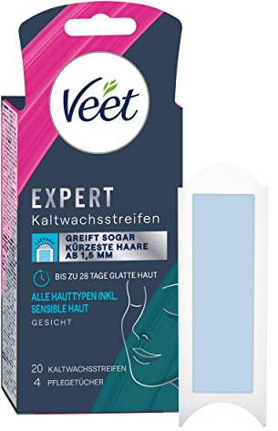 Veet Expert Kaltwachsstreifen Gesicht - Wachsstreifen zur Haarentfernung für alle Hauttypen inkl. sensibler Haut - 10 Doppelstreifen = 20 Streifen