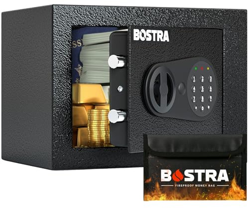 Bostra Black Fireproof Safe Box with Sensor Light & Fireproof Bag, Digital Keypad & Key Control, Home Safe Box, 0.23 Cubic Feet, Steel