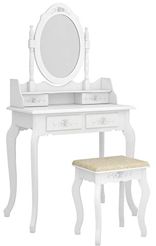 LEADZM Schminktisch mit Hocker, Schminktische mit 360° Drehbarem Spiegel, Frisiertisch, Kosmetiktisch, 4 Schubladen, Make-up-Tisch, 142.5 x 75 x 40 cm, Weiß