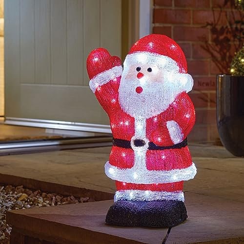 Festive Lights - 28cm Acrylic Santa Claus Battery Powered Christmas Figure - 30 White LEDs, 6 Hour Timer, Indoor Outdoor Garden Use, IP44 Rated, Freestanding Decoration, Red Suit Detail, 30cm Cable