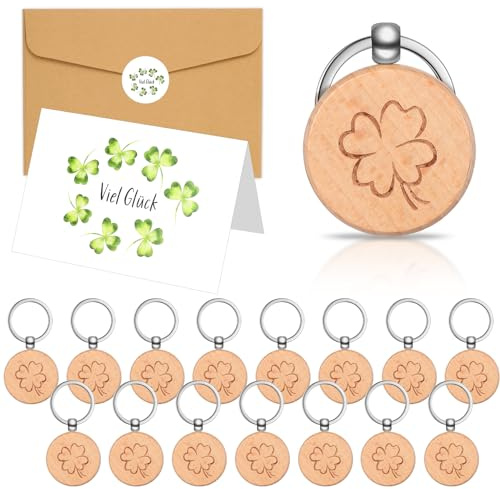 Namalu 16 Set Dankeschön Geschenk für Kollegen inklusive Holz Schlüsselanhänger mit Kleeblatt Viel Glück Abschiedskarte Umschlägen und Aufkleber Danke für Alles Abschiedsgeschenk Abschluss Geschenk