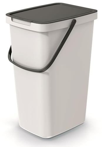 BirnePower Mülleimer mit Deckel & Griff – Abfalleimer Systema Q Collect, Wandmontage möglich, Mülltrennsystem Küche & Büro, Kunststoff Papierkorb Rechteckig (25L, Aschgrau)