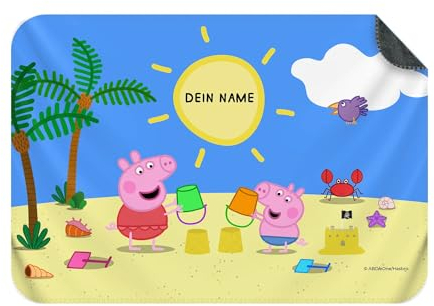 PICANOVA – Peppa Wutz Kuscheldecke mit Name – Personalisierte Fleece Plüsch Bettdecke für Kinder – Premiumqualität Fleecedecke Kinder – Beach – 150x100cm
