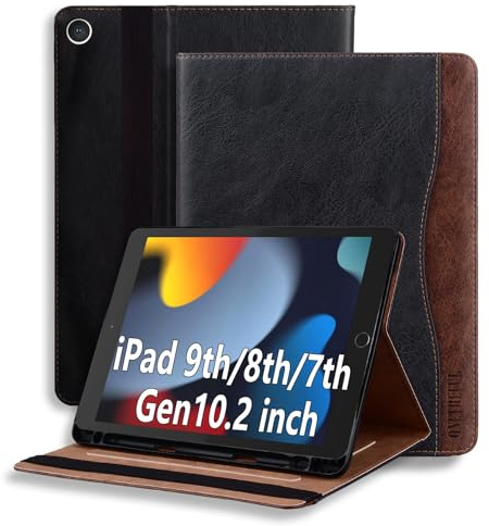 Coque pour iPad 9ème/8ème/7ème Génération, Modèle 2021/2020/2019 Tablette Housse de Protection Étui Pencil Holder Support Multi Angles avec Auto Schlaf/Aufwach en Cuir PU pour iPad 10.2 Noir
