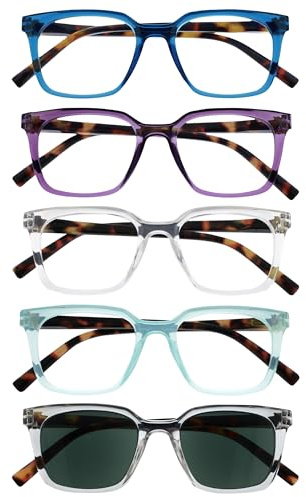 OPULIZE KOI Gafas de Lectura y de Sol x5 - Montura Rectangular - Negro/Morado/Transparente/Turquesa - Hombre Mujer - Bisagras de Muelle - RRRRS50-35CQC - +2.50