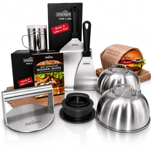 TREBERG® Burger-set i rostfritt stål inklusive grillspatelset, smältklockor, hamburgarpress, smasher, kryddströare, receptbok och bakpapper (9 delar)