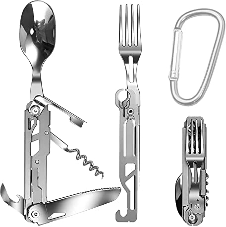 Couverts d'ustensiles de camping en plein air, Ensemble de Couverts Pliants Multifonctionnels 5 en 1, couverts portables en acier inoxydable,couteau,fourchette,cuillère,décapsuleur