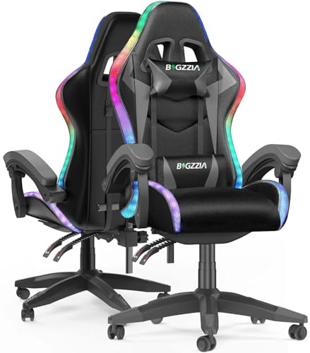 bigzzia Chaise Gaming avec LED Effets, Ergonomique Fauteuil Gaming(Gris) | Dossier Hauteur Réglable, avec Lombaire&Appui-Tête Appui, Chaise de Bureau Adultes Enfants